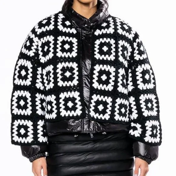 Miz Puffer Crochet: Detachable Contrast Knit Cardigan Vinyl Winter Coat L XL - Picture 4 of 17